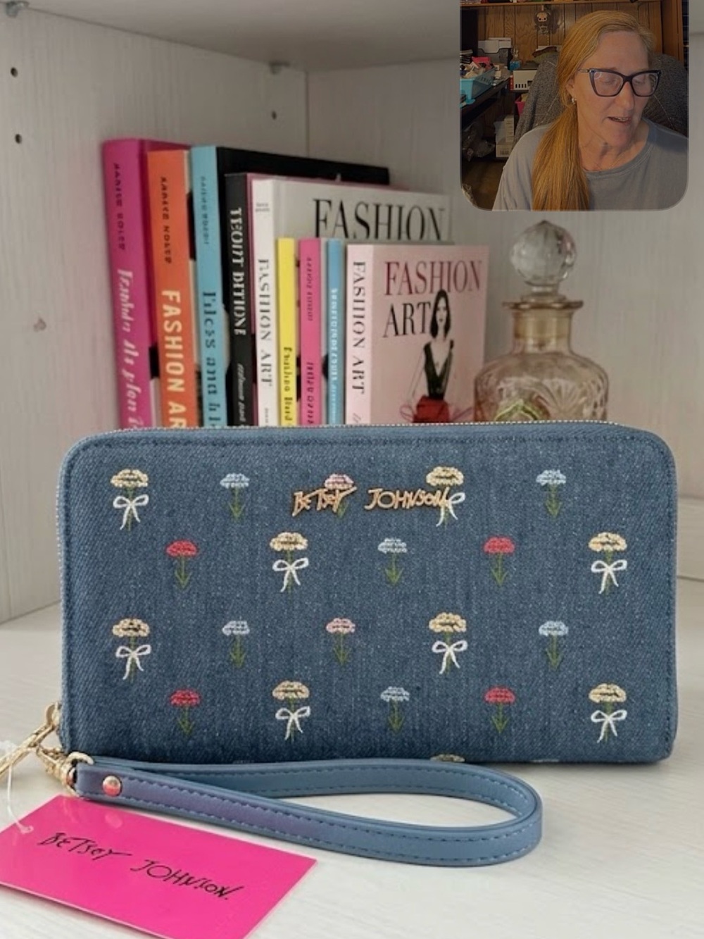 Betsey Johnson Denim Blue Floral Embroidered Wristlet NWT